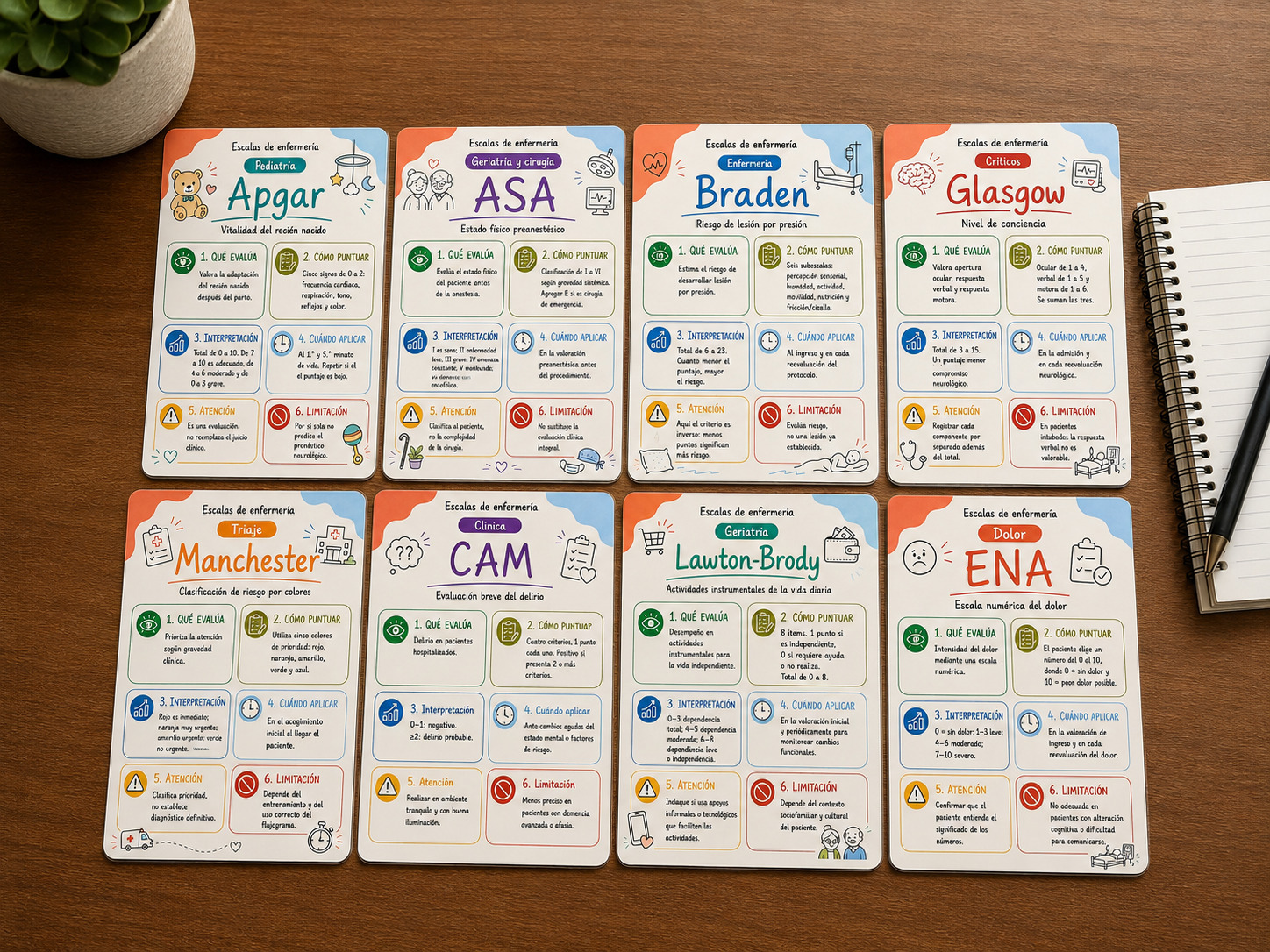 Vista real de ocho flashcards de escalas de enfermería sobre una mesa de madera